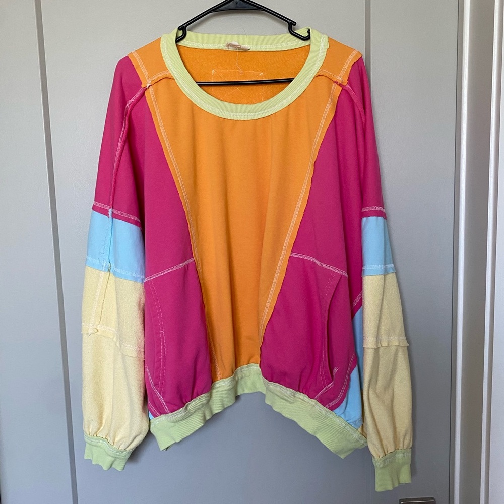 BiBi colorful patchwork exposed stitching colorblock oversized crewneck top XL - Picture 4 of 10